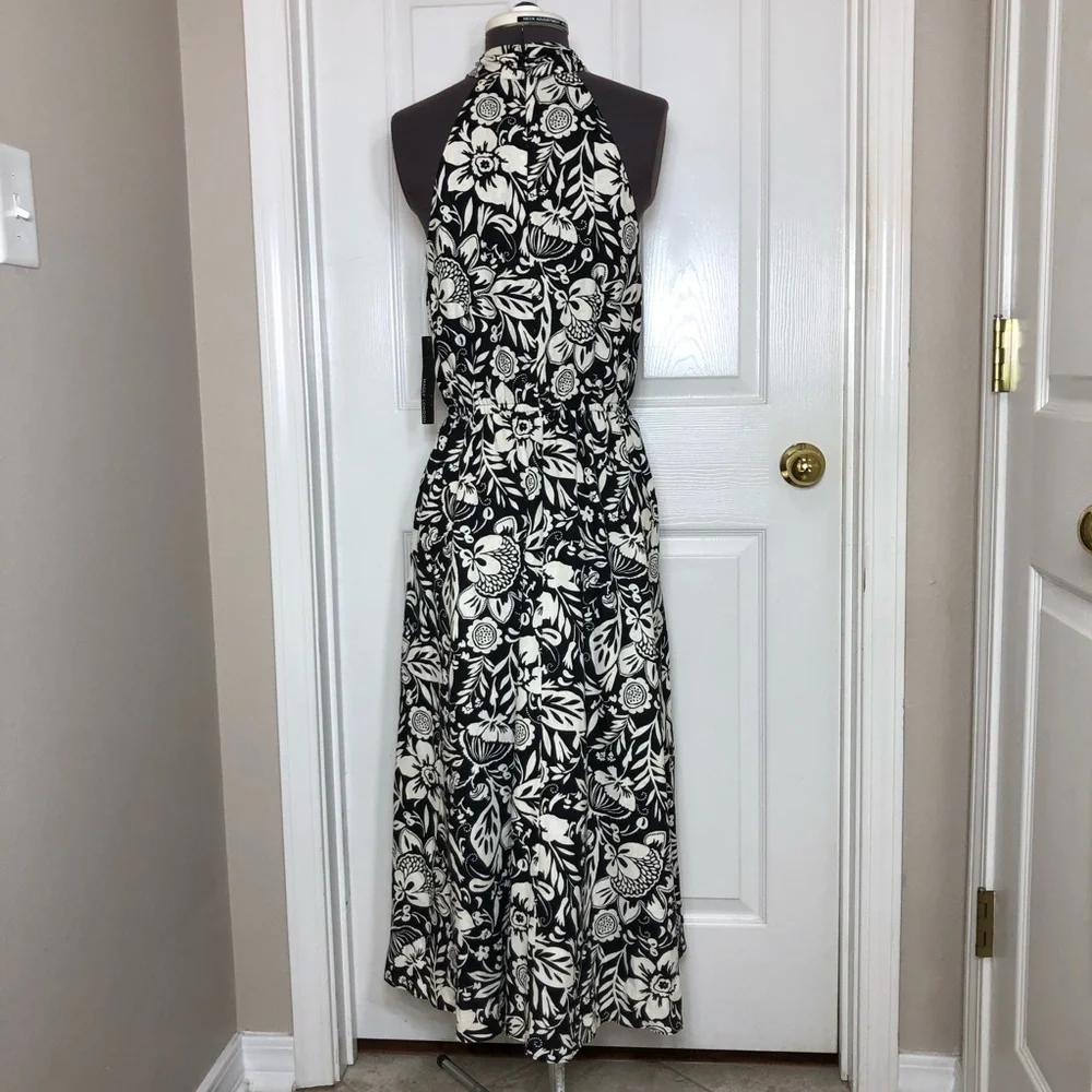 Maggy London Linen Blend Black Cream Floral Halter Pockets Lined Midi Dress 10 - Picture 7 of 16